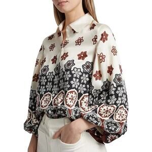 Tanya Taylor Marina Baloon Sleeve Silky Blouse Boho Luxe Resort Button Front XS